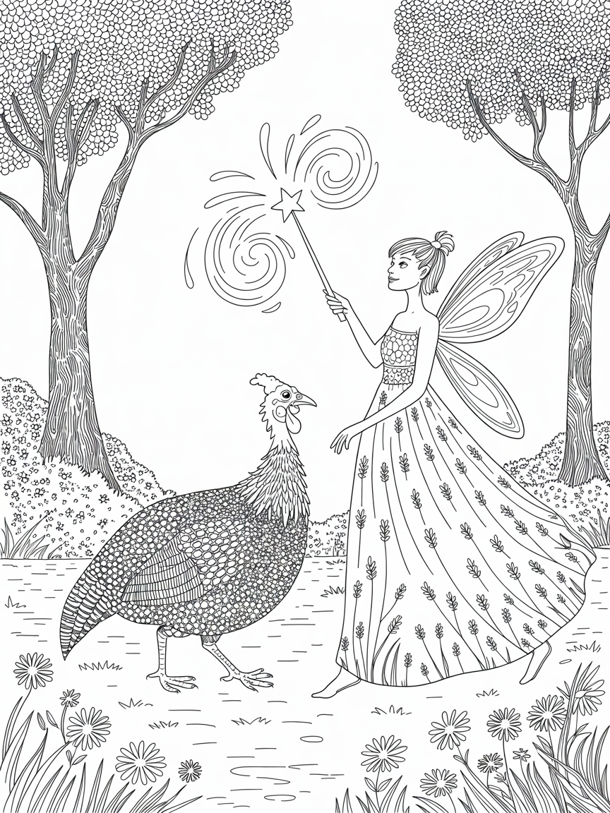 A magical guinea fowl and a skinny fairy in a long-sleeved dress with a magical star pointed wand walk through a forest clearing in the early morning - Free Coloring Page