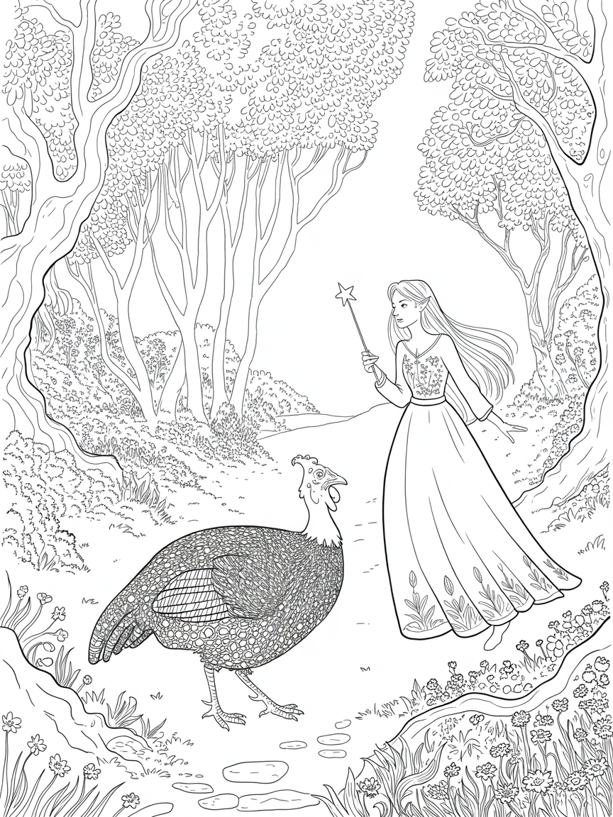 A magical guinea fowl wearing a medieval coat and a skinny, long haired fairy in a long-sleeved dress with a magical star pointed wand walk through a forest clearing in the early morning - Free Coloring Page