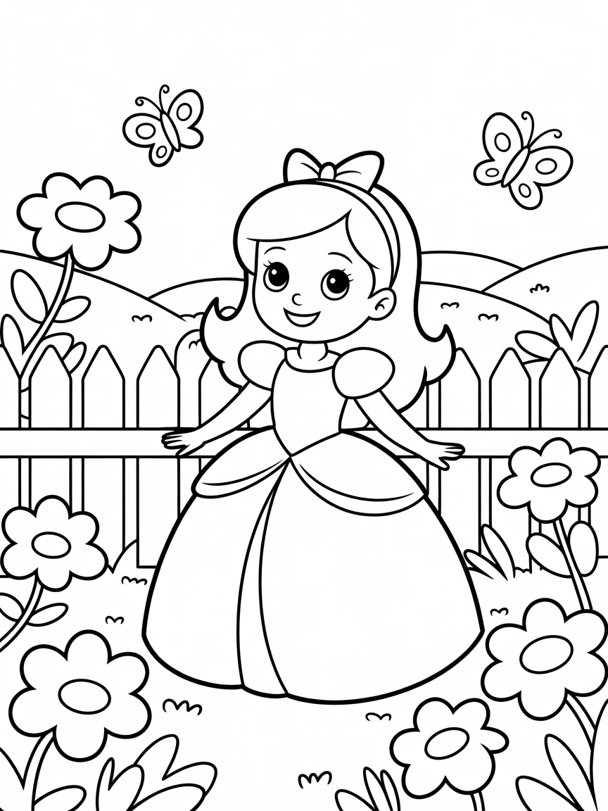 Princess in a garden - Free Coloring Page