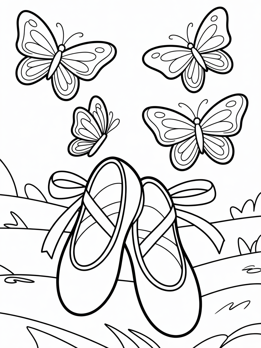 Ballet shoes with butterflies in the sky - Free Coloring Page