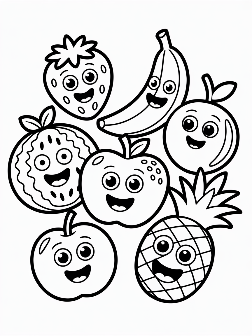 Funny fruit with faces - Free Coloring Page