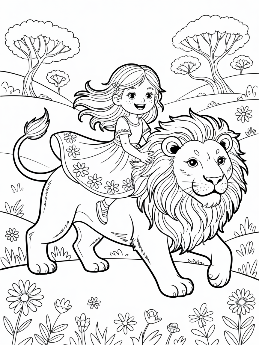 A little girl riding on a lion - Free Coloring Page