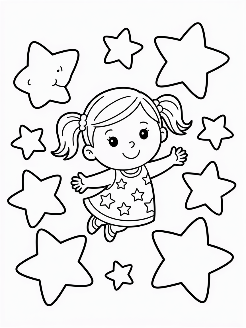 A pretty little girl floating between the stars - Free Coloring Page