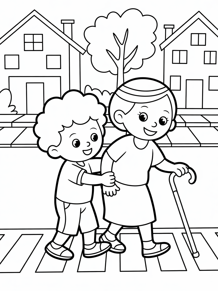 A little boy with curly hair aiding an old lady - Free Coloring Page