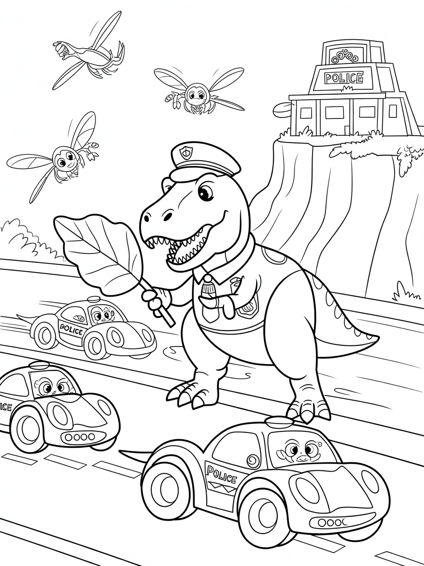 Officer Rex, a T-Rex cop with a badge, directs prehistoric traffic at a busy intersection. Beetle-cars and flying reptiles zoom by as Rex holds a leafy stop sign. A glimpse of the cliffside Dyno Police station is in the background. Color Rex, the vehicles, and the bustling dino-city! - Free Coloring Page