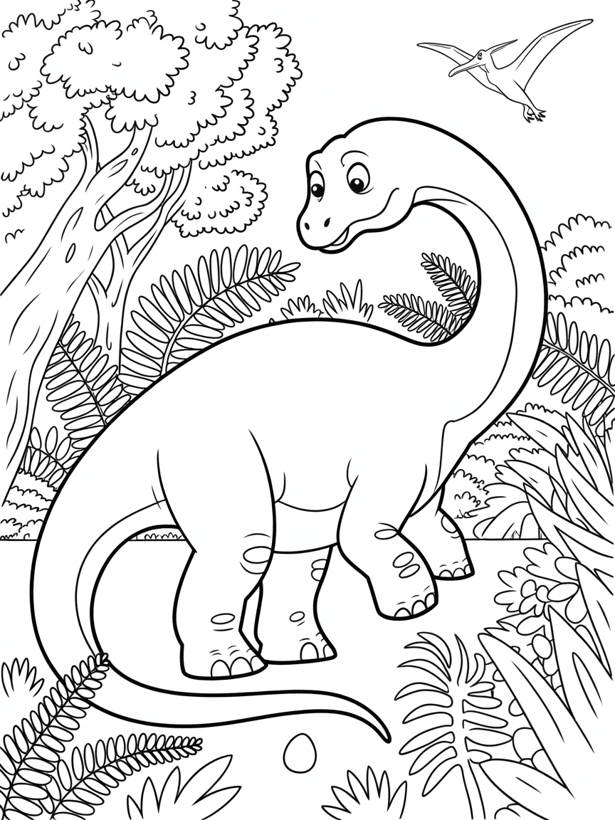 Brachiosaurus mom is sad. Her long neck bends low, worried eyes searching. Lush ferns surround her. A raised foot shows her frantic search for her lost egg. Her mouth is open, a silent call. Tall trees and a distant Pterodactyl fill the vast prehistoric scene. A feeling of gentle concern. - Free Coloring Page