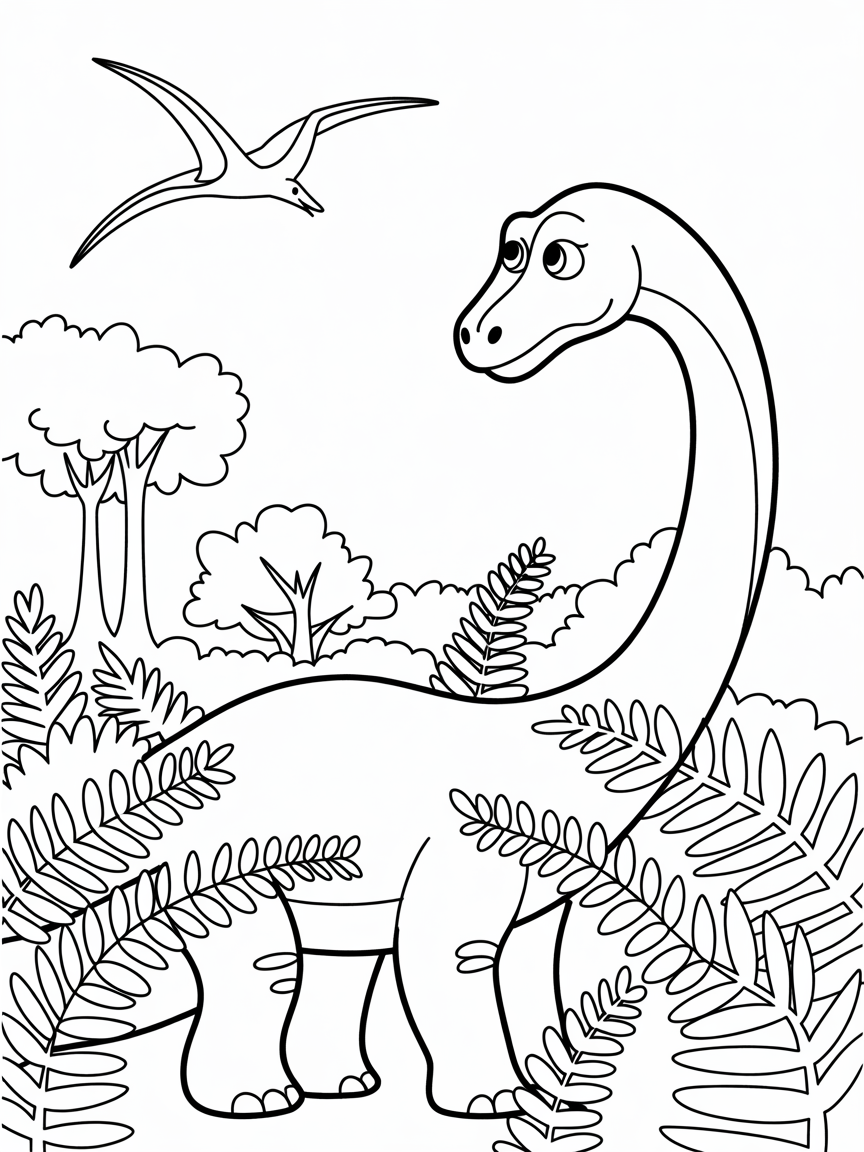 Brachiosaurus mom is sad. Her long neck bends low, worried eyes searching. Lush ferns surround her. She is thinking about egg. Her mouth is open, a silent call. Tall trees and a distant Pterodactyl fill the vast prehistoric scene. A feeling of gentle concern. - Free Coloring Page
