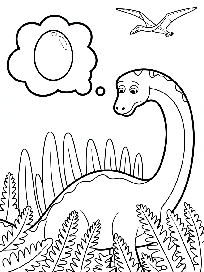 Brachiosaurus mom, Іона, is sad. Her long neck bends low, worried eyes searching. Lush ferns surround her. Іона thinks about the egg - a thought bubble with an egg above her head. Her mouth is open, a silent call. Tall trees and a distant Pterodactyl fill the vast prehistoric scene. A feeling of gentle concern. - Free Coloring Page