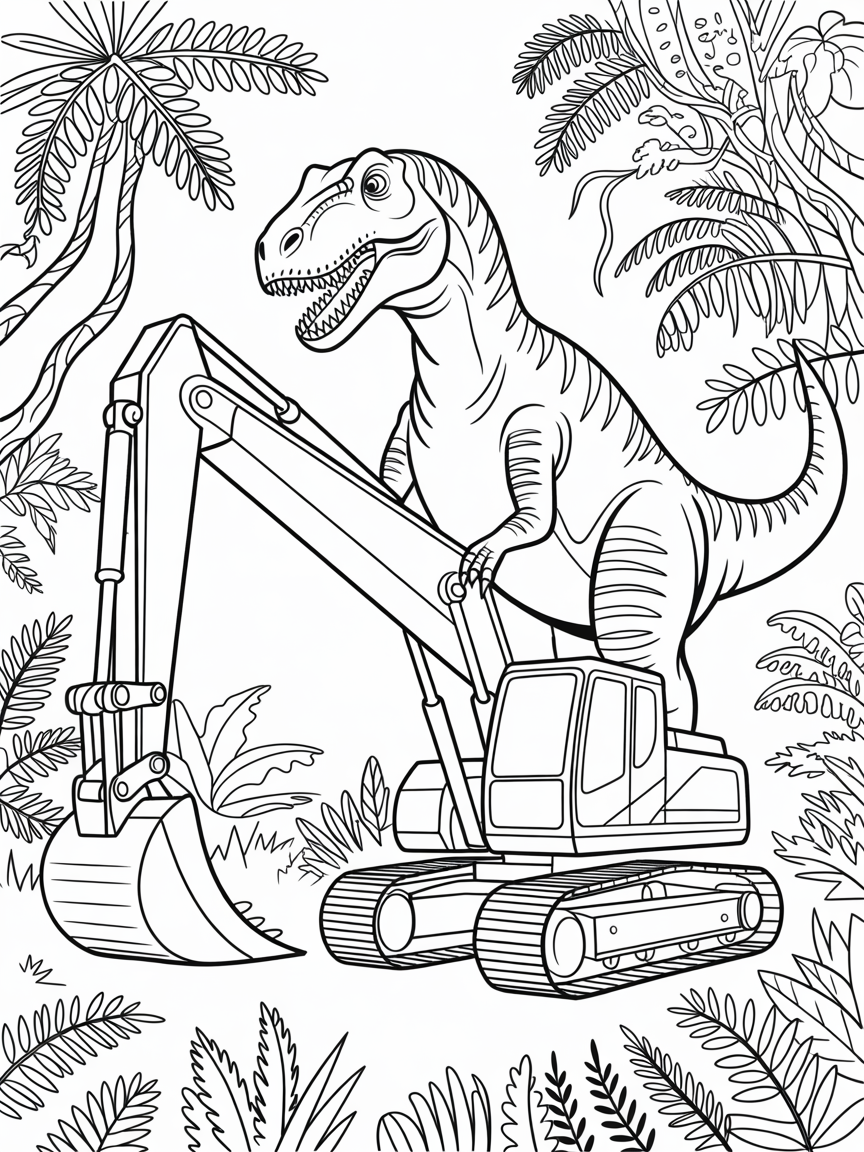 a giganotosaurus using an excavator - Free Coloring Page