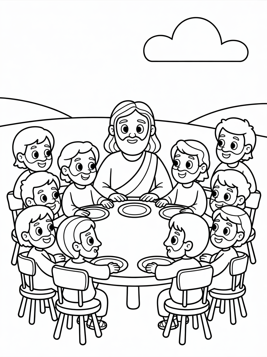 An image of Jesus and the 12 disciples - Free Coloring Page