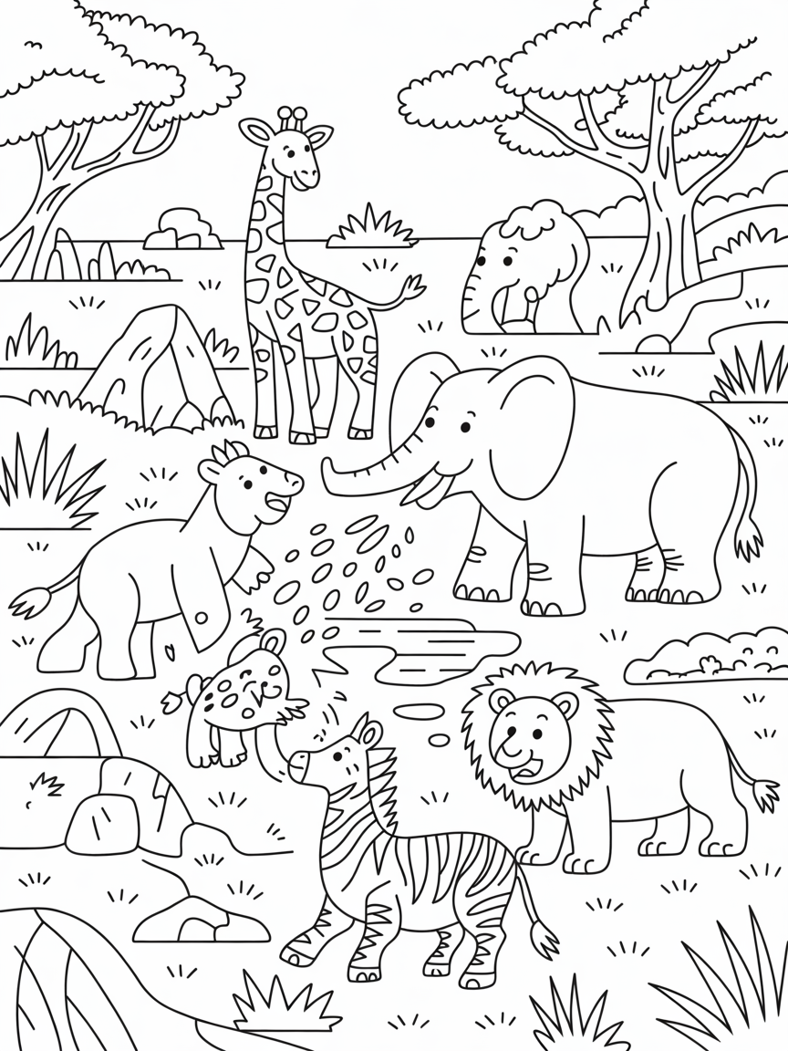 Wild animals in a game park - Free Coloring Page