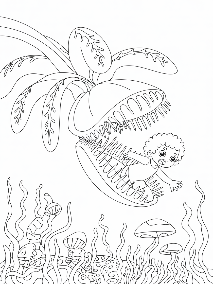 Carnivor flower eating a child - Free Coloring Page