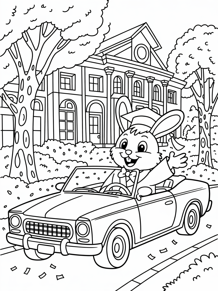 Bunny finishing university and driving a convertible - Free Coloring Page
