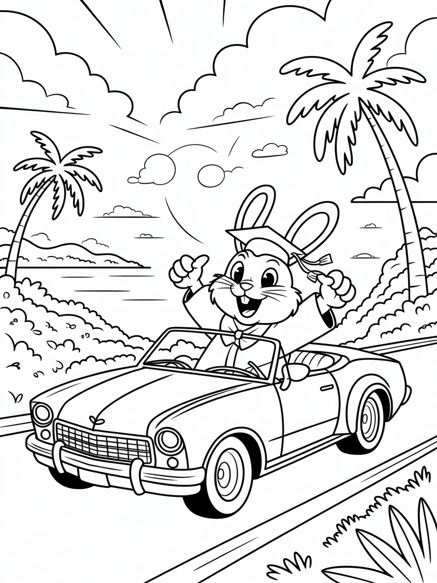 Bunny finishes university and driving a convertible - Free Coloring Page