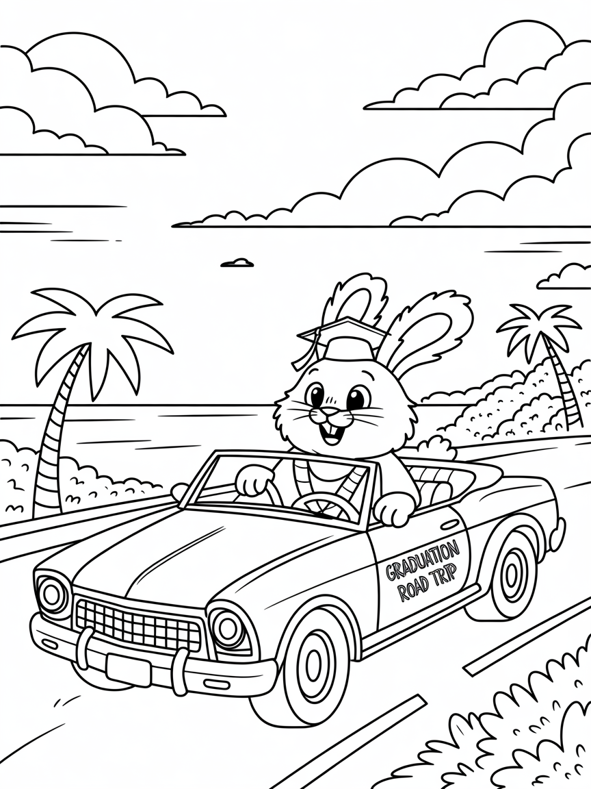 Bunny finished university driving a convertible - Free Coloring Page