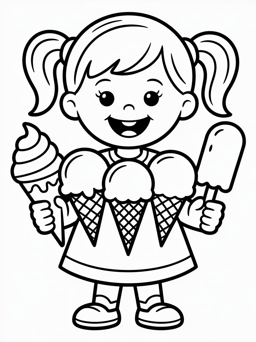 girl with many ice creams - Free Coloring Page