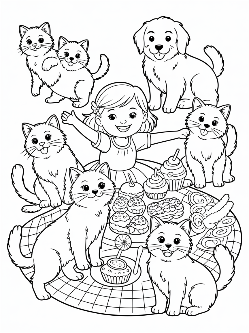 girl surrounded by 6 cats, a golden retriever and lots of candy and desserts - Free Coloring Page