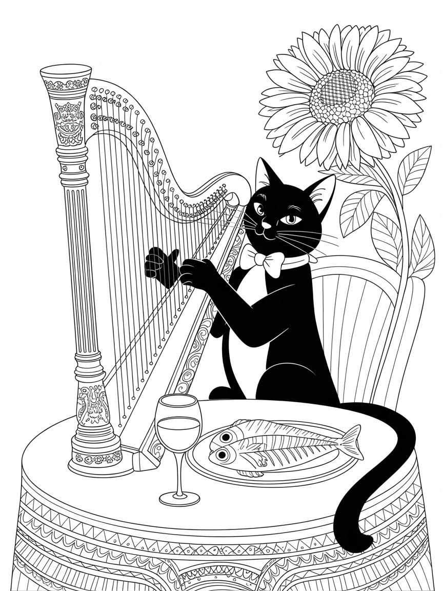 Black cat playing harp and having a glass of wine and fish with yellow sunflower beside him - Free Coloring Page