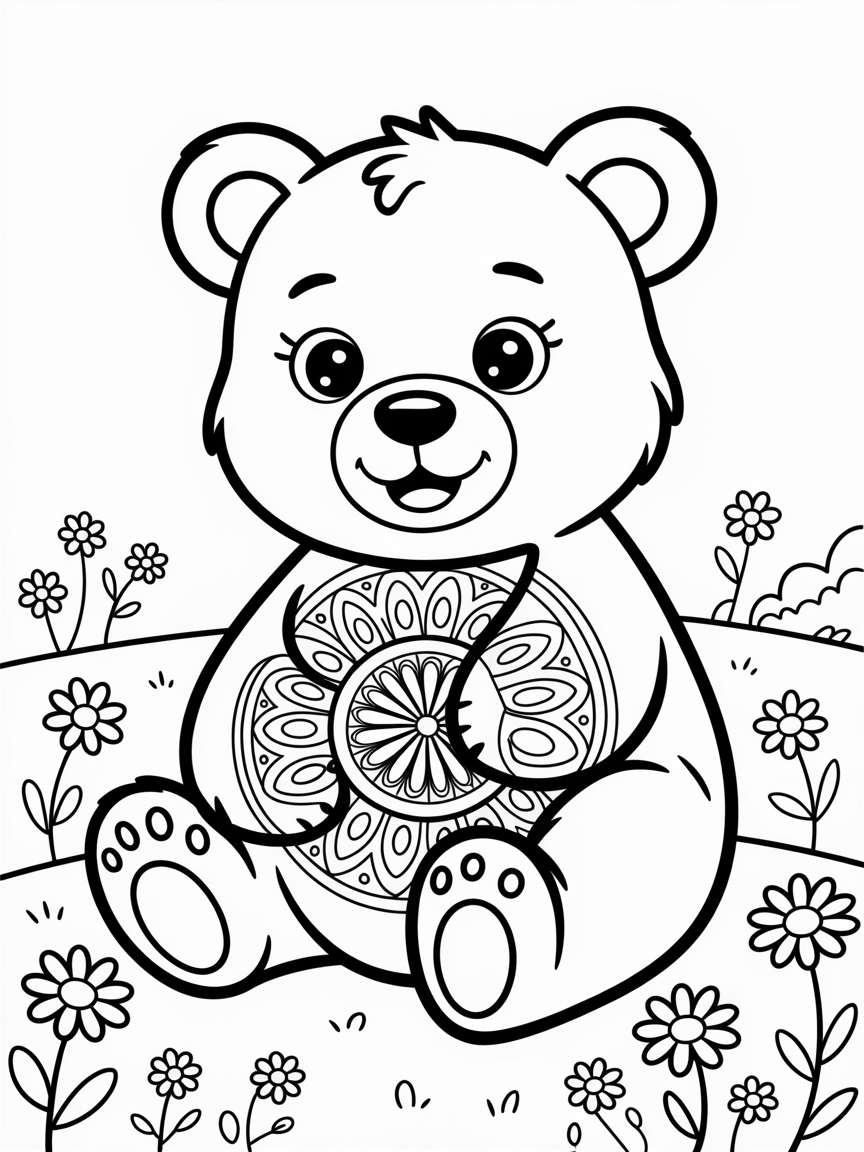 a baby bear with mandala on its body - Free Coloring Page