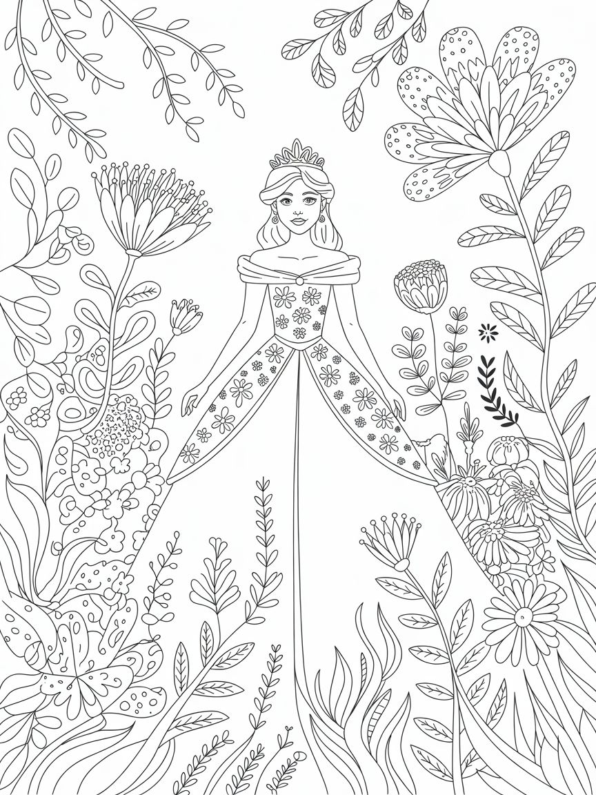 princess in a magical garden - Free Coloring Page