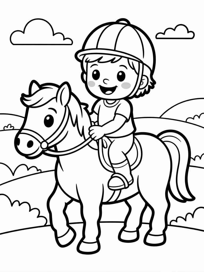 A kid riding a horse - Free Coloring Page