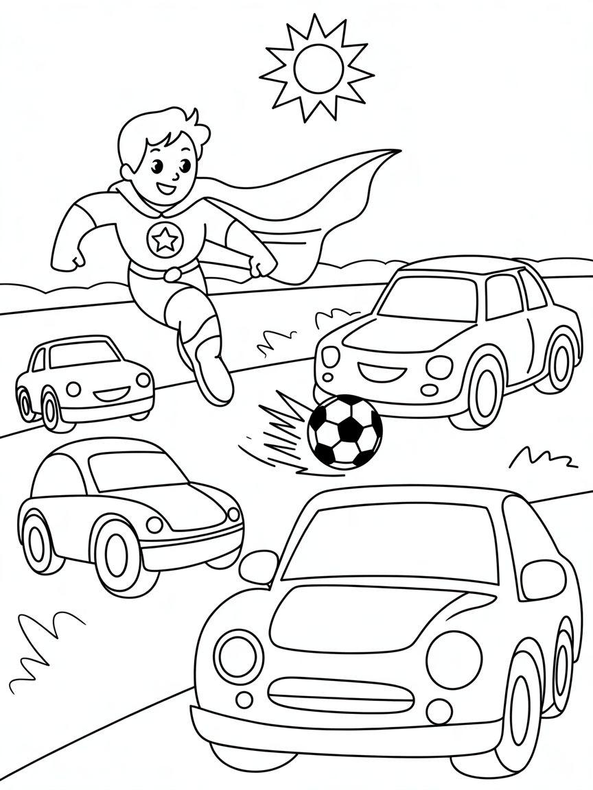 A superhero playing soccer with cars around him - Free Coloring Page