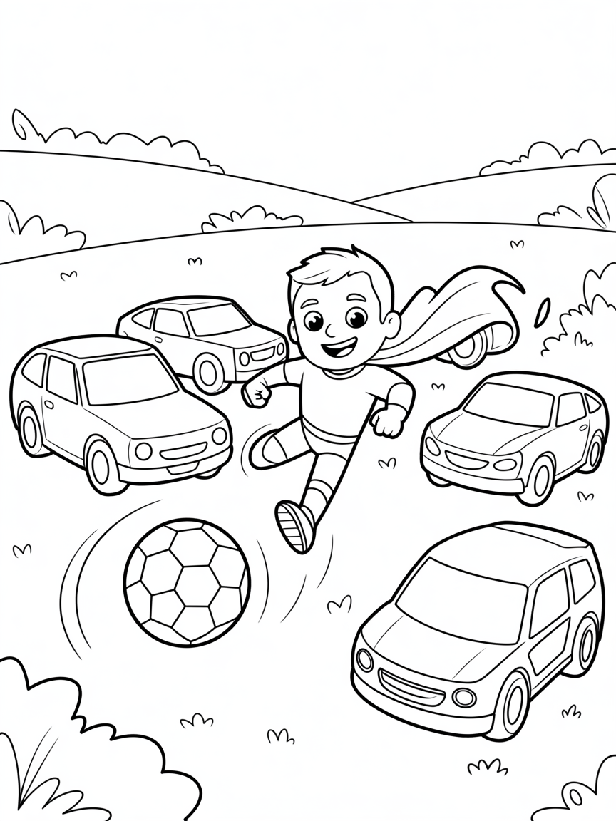 A black superhero playing soccer with cars around him - Free Coloring Page