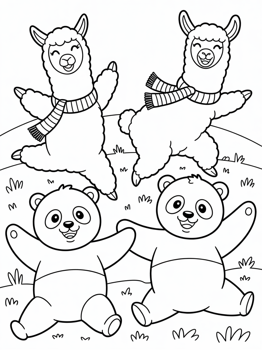 Alpaca dancing with pandas - Free Coloring Page