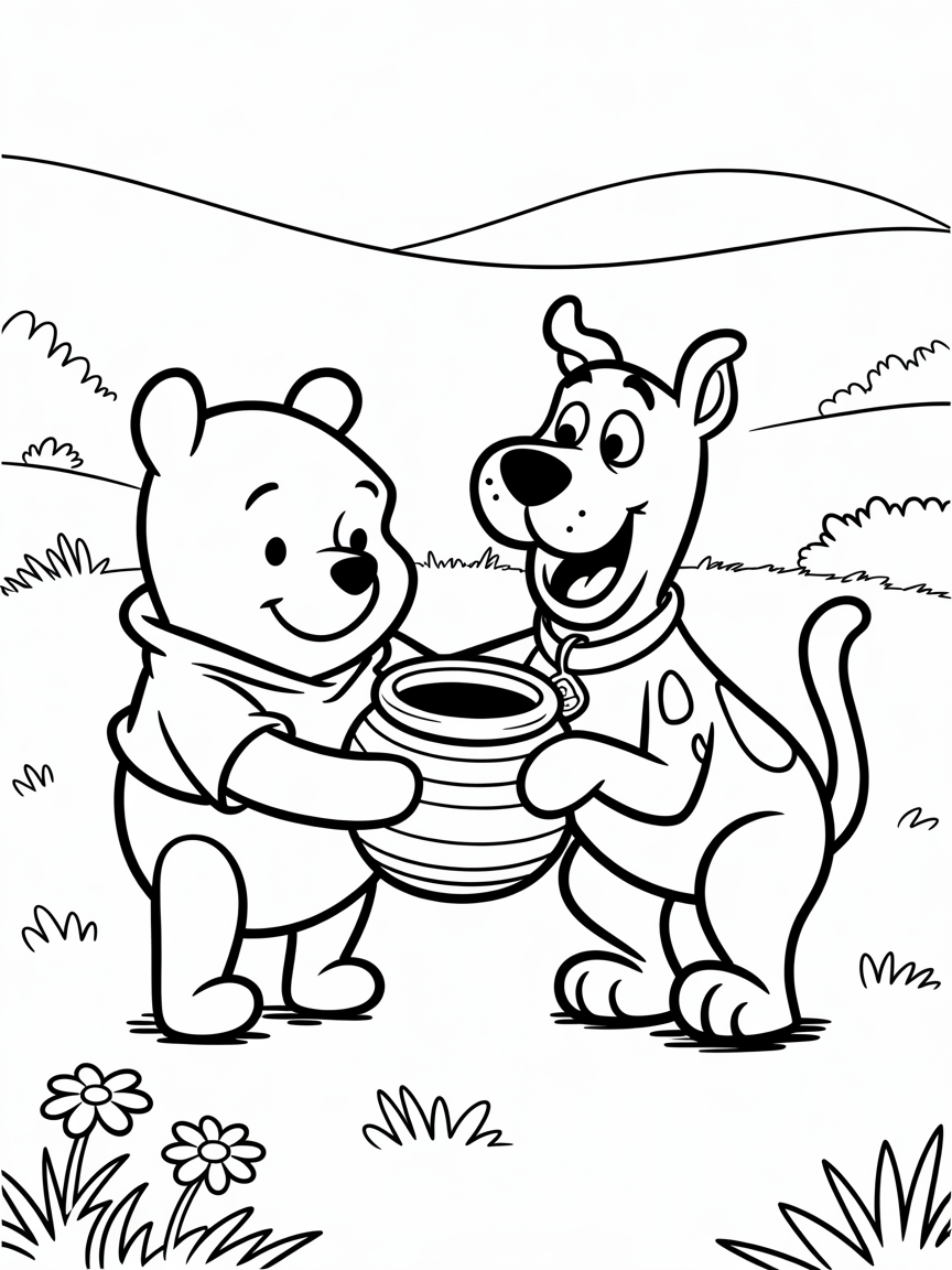 Winnie the pooh playing with scooby doo - Free Coloring Page