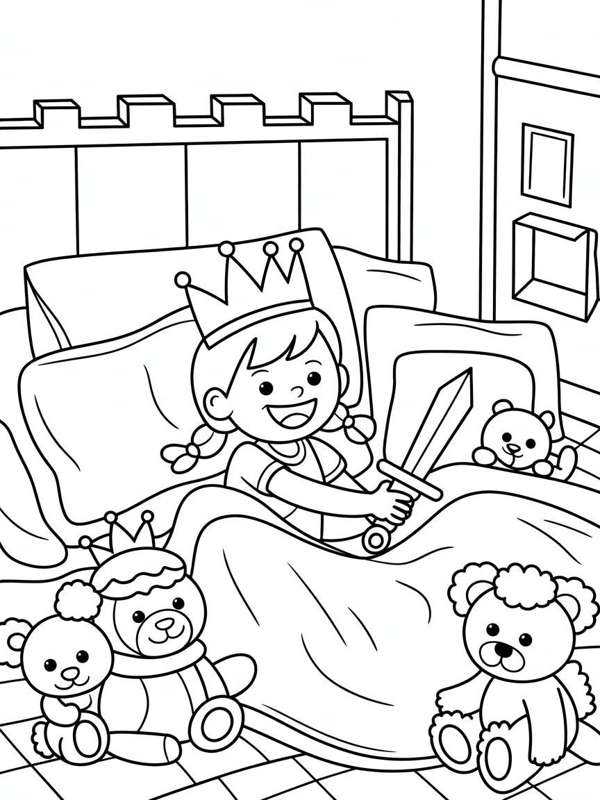 A little girl who turned her bedroom into a castle with imagination - Free Coloring Page