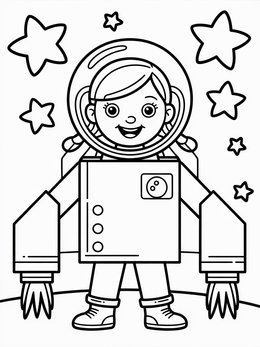 A little girl in space costume made from boxes - Free Coloring Page