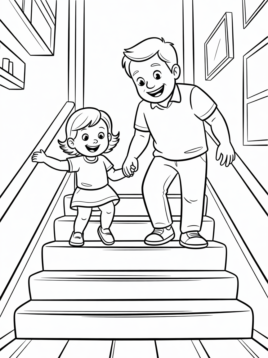 Little girl climbing stairs having fun with her dad - Free Coloring Page