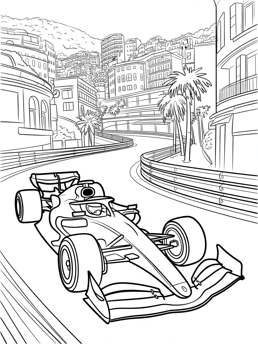 a f1 car racing through monaco - Free Coloring Page