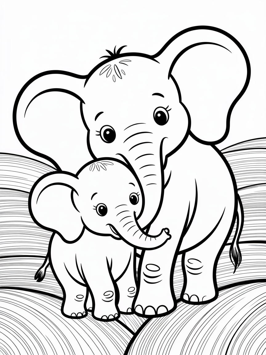 friendly mama elephant with a child elephant - Free Coloring Page
