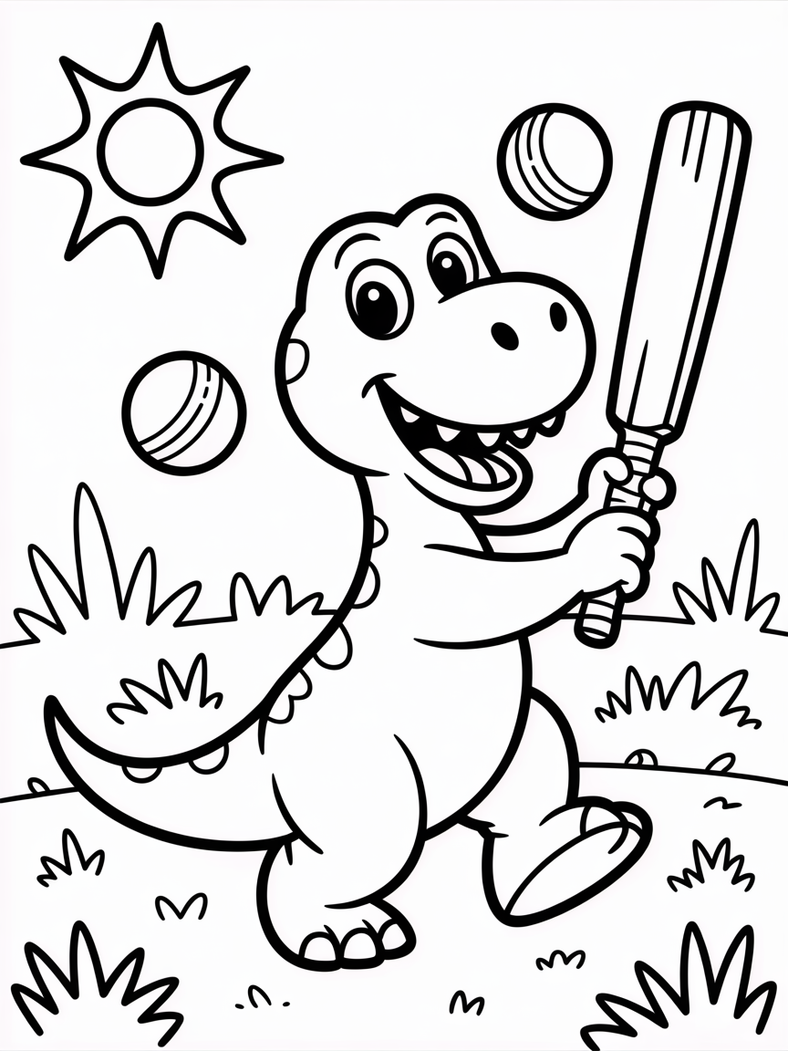 A friendly dinosaur playing cricket - Free Coloring Page