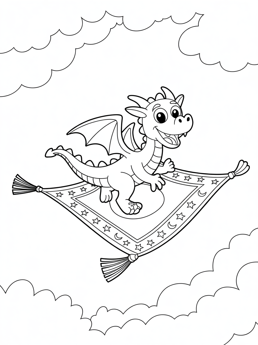 Funny dragon on a magic carpet - Free Coloring Page