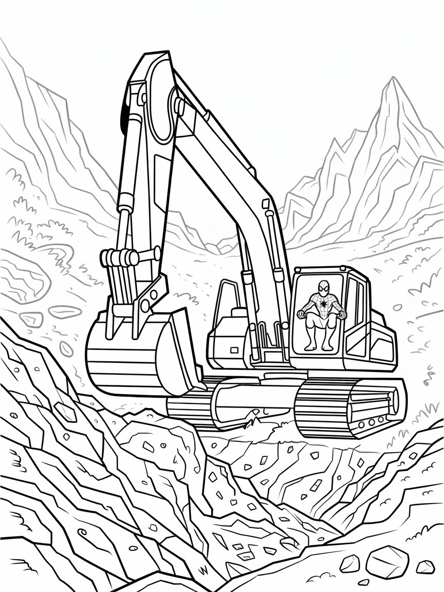 spiderman operating an excavator on mountain - Free Coloring Page