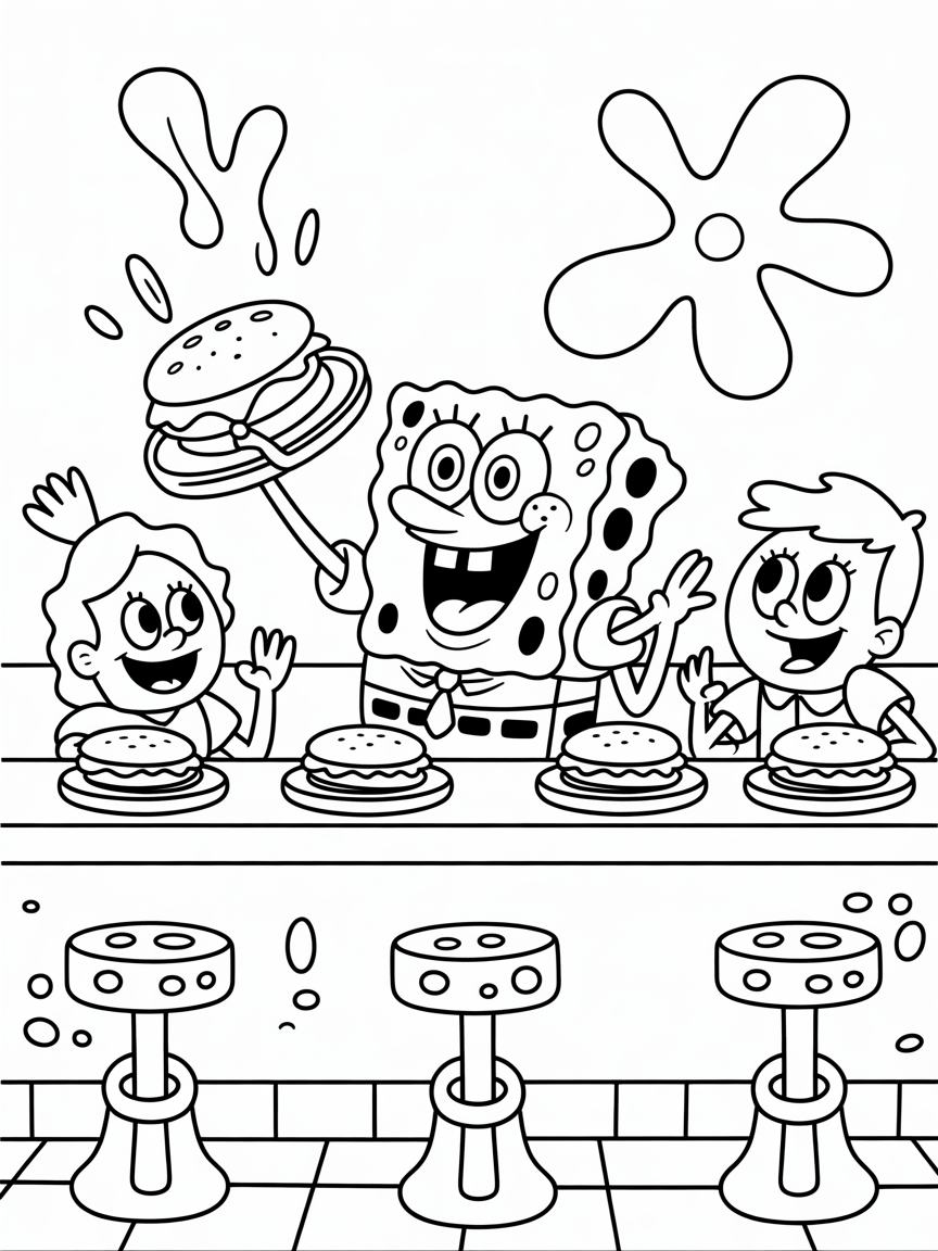 SpongeBob making a burger behind the counter and en good friends sitting in the bar waiting anxiously for the burger to be ready - Free Coloring Page
