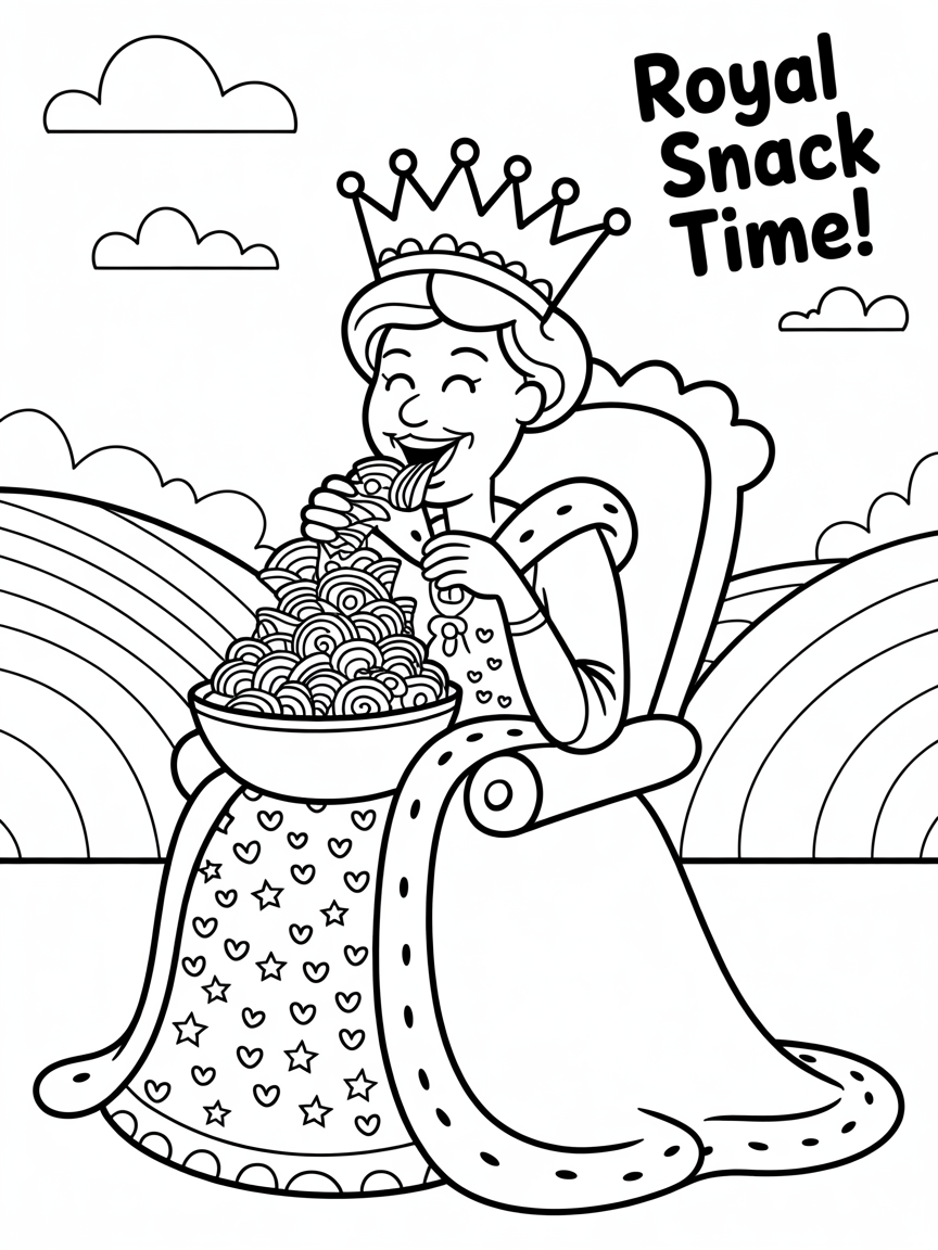 Queen eating chips - Free Coloring Page