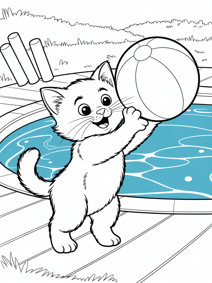 a friendly kitten playing by the pool - Free Coloring Page