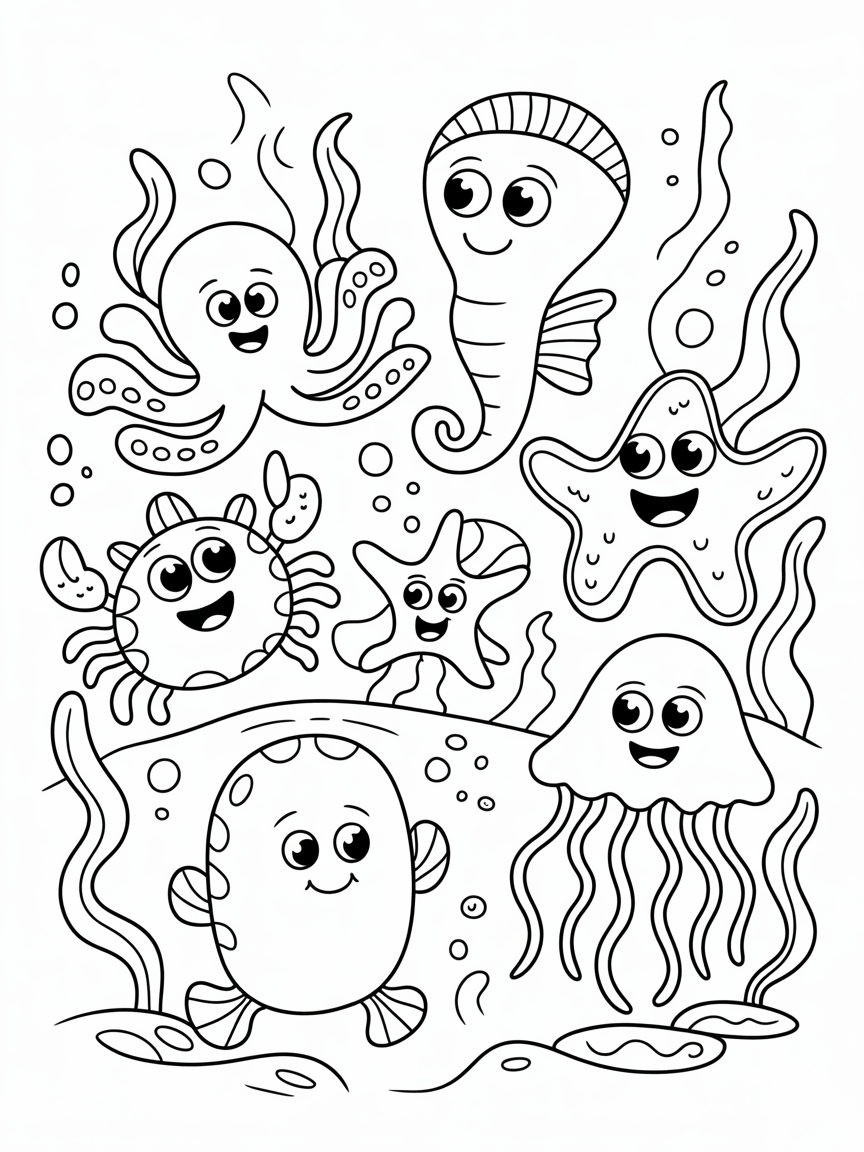 Sea creatures dancing - Free Coloring Page