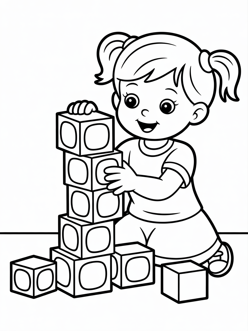 girl stacking blocks - Free Coloring Page