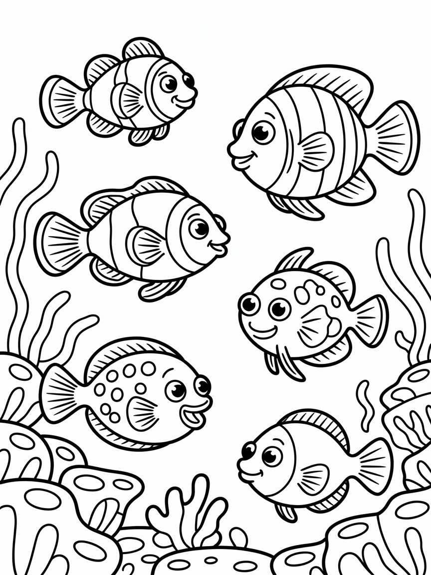 diferent species of fish swiming on a coral - Free Coloring Page