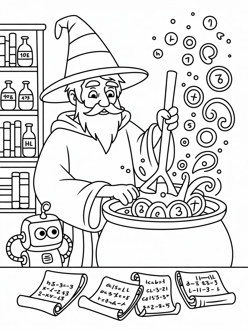 Math Wizard Creating Algebraic Potions - Free Coloring Page