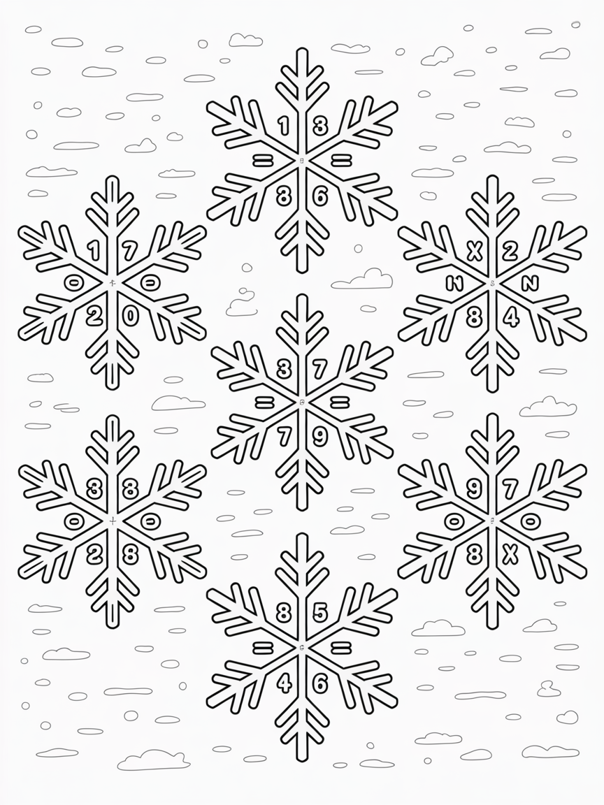 Symmetrical Snowflakes with Number Patterns - Free Coloring Page