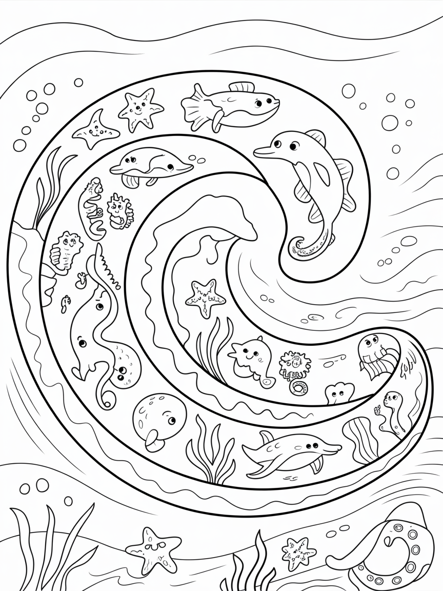 Fibonacci Spiral Featuring Ocean Wave Creatures - Free Coloring Page