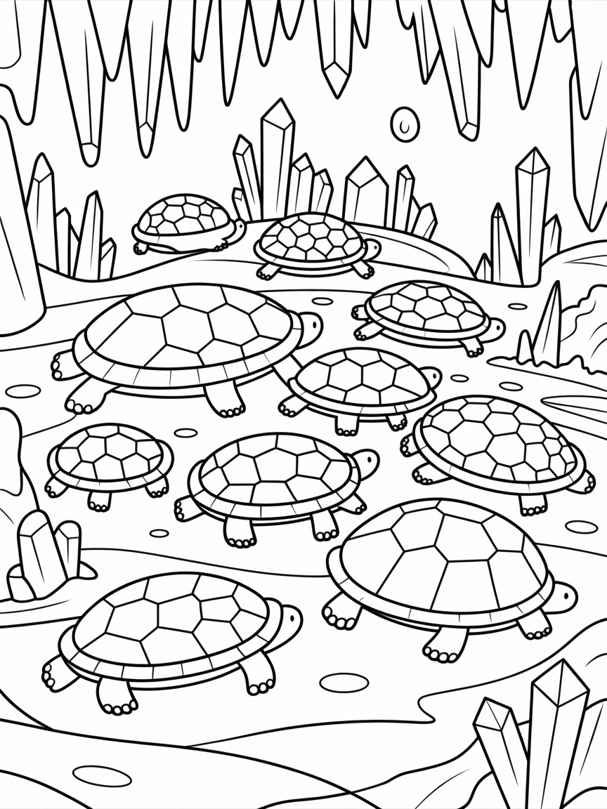 Tessellated Turtle Shells in a Crystal Cavern - Free Coloring Page