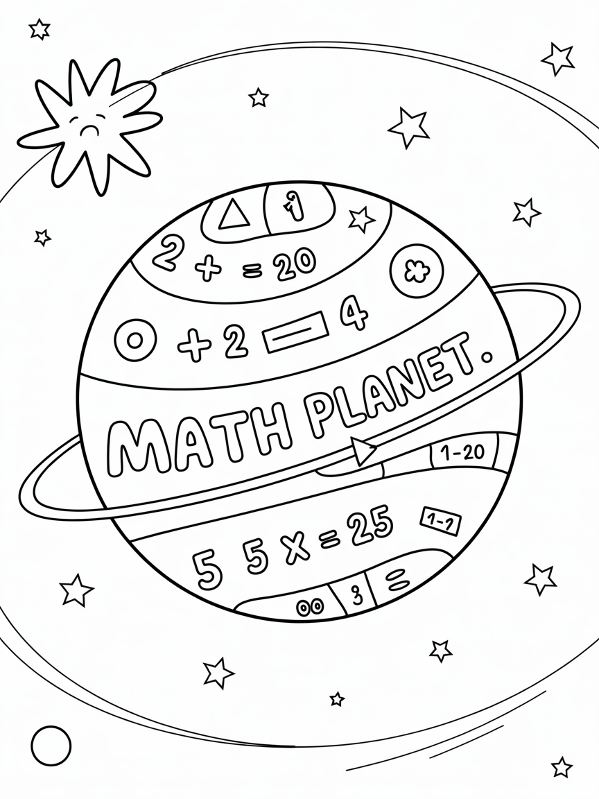 Math Planet with Orbiting Equations - Free Coloring Page