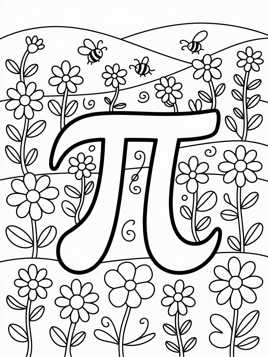 Pi Symbol Gardens with Fibonacci Flowers - Free Coloring Page