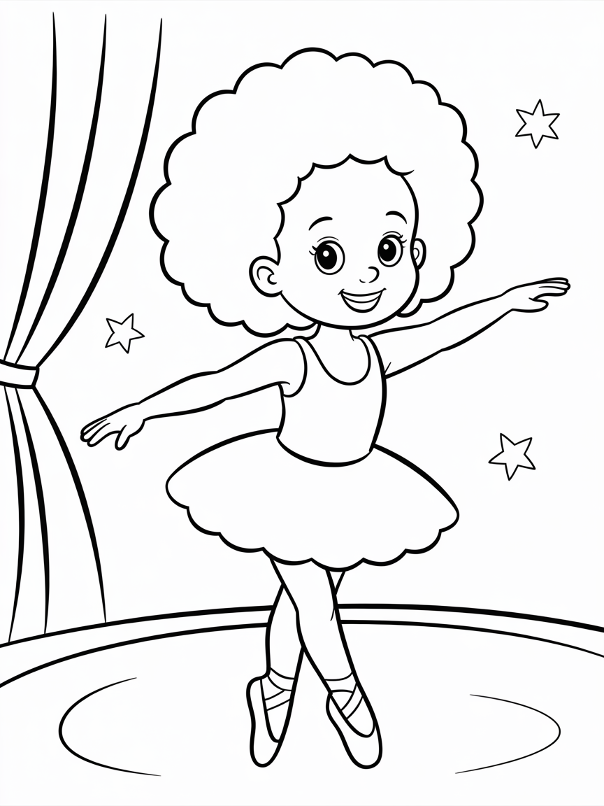Black girl with a lot of long curly hair and is a ballerina - Free Coloring Page